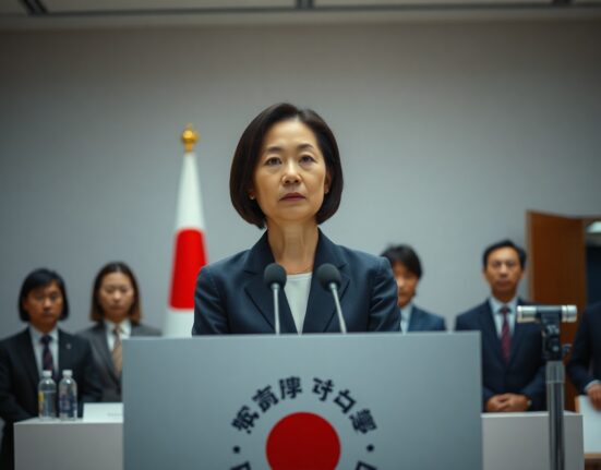 Japanese Prime Minister Sanae Takaichi at a press conference denying involvement with the Sanae Token cryptocurrency.
