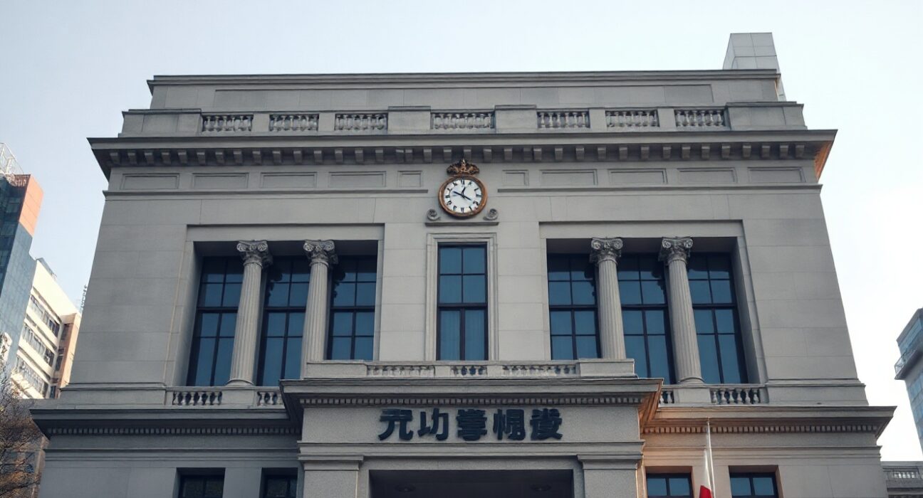 Bank of Japan building in Tokyo under clear sky, representing monetary policy impact on Bitcoin markets.