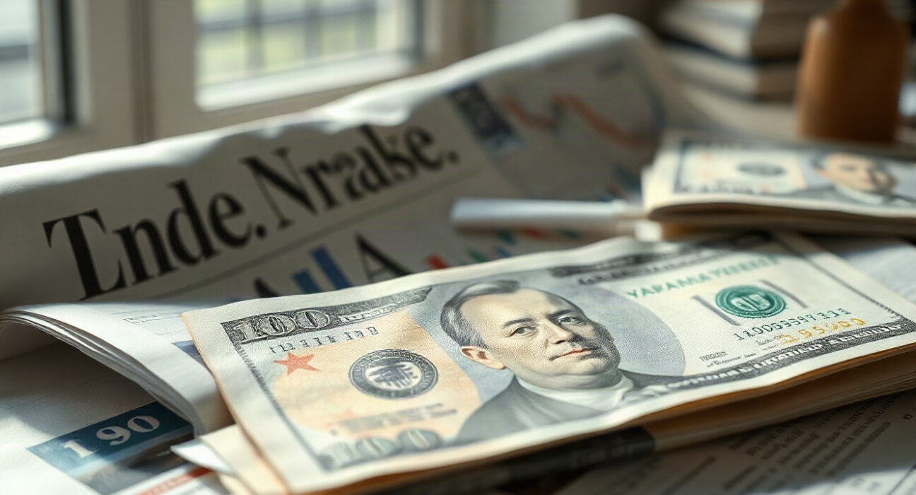 Japanese yen and US dollar banknotes on financial newspaper with chart
