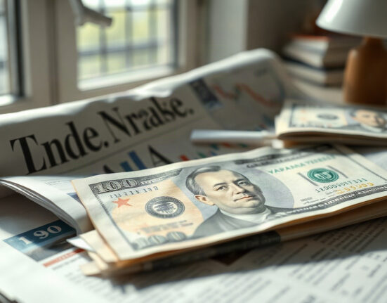 Japanese yen and US dollar banknotes on financial newspaper with chart