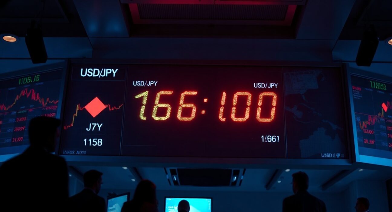 USD/JPY exchange rate at 160.00 on a forex trading board in a dealing room