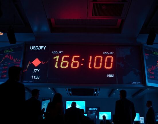 USD/JPY exchange rate at 160.00 on a forex trading board in a dealing room