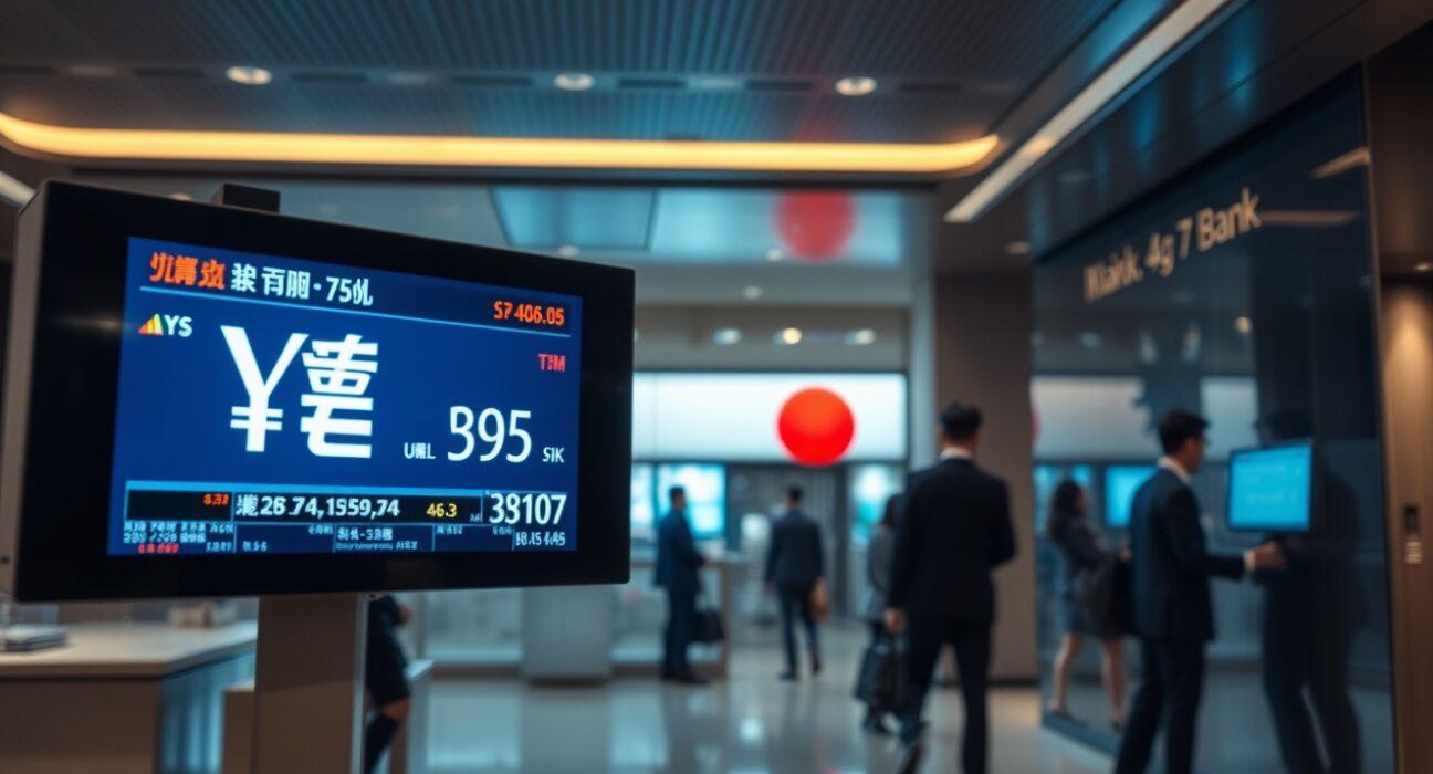 Digital exchange rate board showing Japanese yen and US dollar in a Tokyo financial district