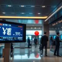 Digital exchange rate board showing Japanese yen and US dollar in a Tokyo financial district