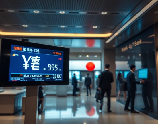 Digital exchange rate board showing Japanese yen and US dollar in a Tokyo financial district