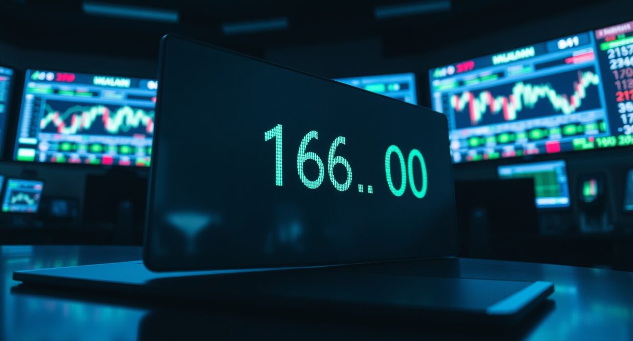 Forex trading screen showing USD/JPY exchange rate near 160 level on a trading floor