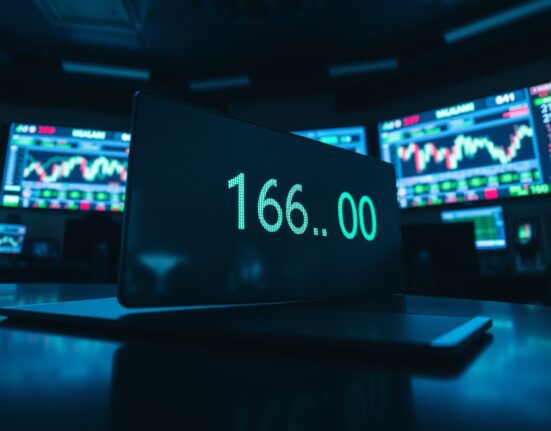 Forex trading screen showing USD/JPY exchange rate near 160 level on a trading floor