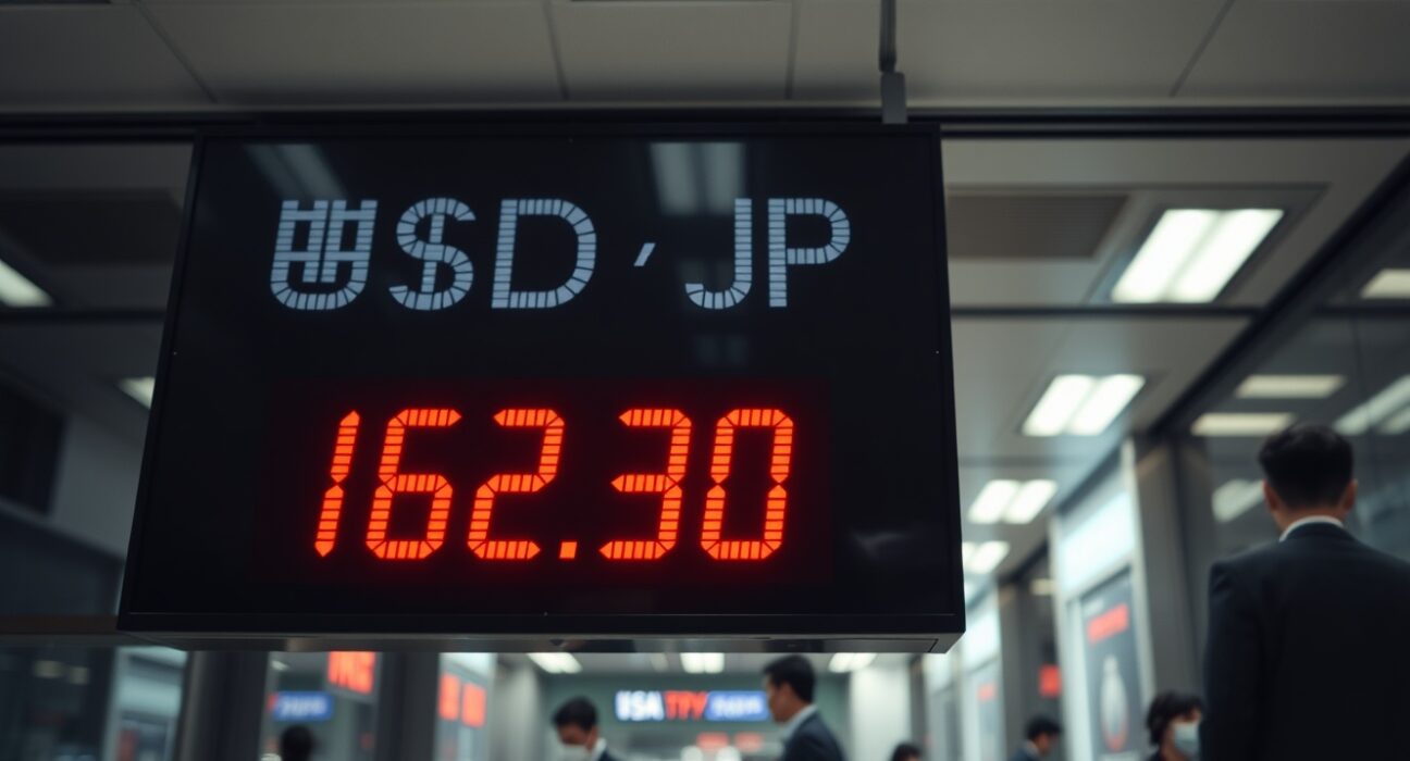 Currency exchange board showing USD/JPY rate at 162.30 in a Tokyo financial district bank lobby