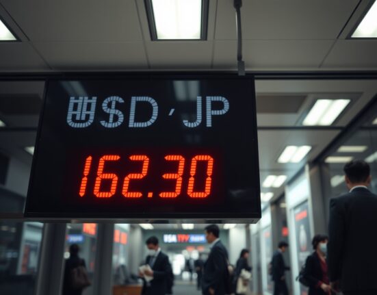Currency exchange board showing USD/JPY rate at 162.30 in a Tokyo financial district bank lobby