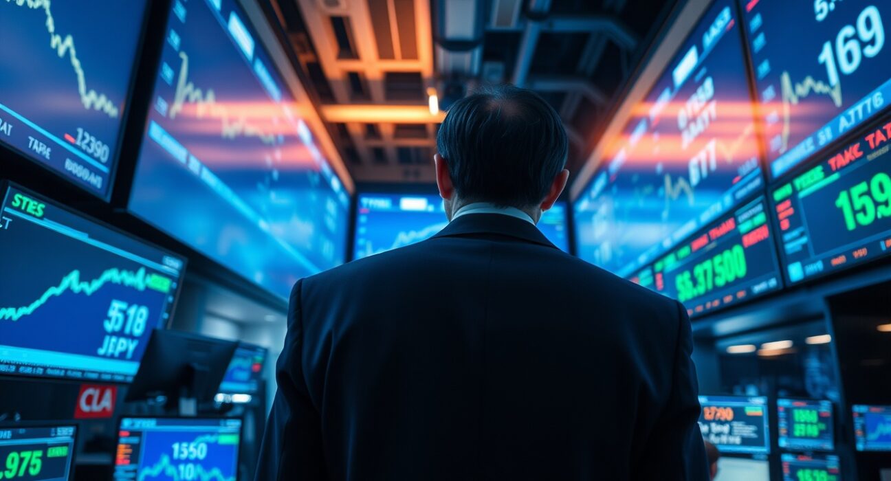 Forex trading floor in Tokyo with USD/JPY charts displaying a trend toward 162 level