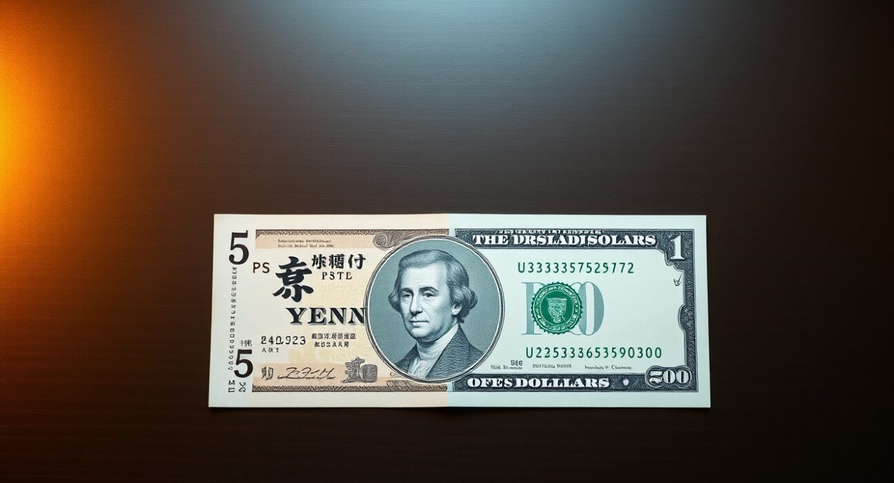 Japanese yen and US dollar banknotes on a desk, representing currency exchange rate analysis.