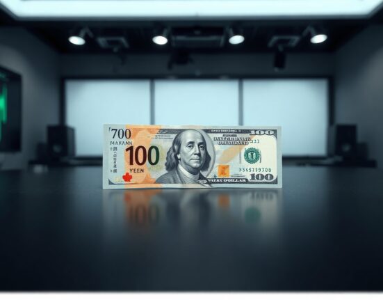 Japanese yen and US dollar banknotes on a trading desk, illustrating currency market pressure.