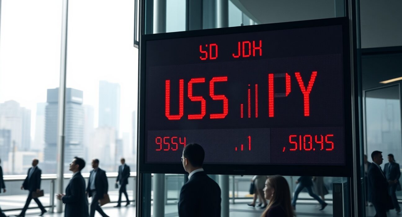 Currency exchange board in Tokyo showing a declining yen against the US dollar, signaling intervention risk.