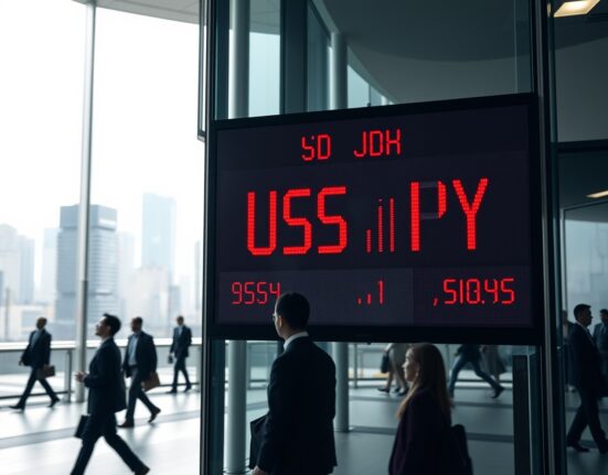Currency exchange board in Tokyo showing a declining yen against the US dollar, signaling intervention risk.