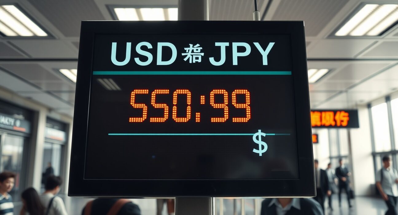 Digital currency exchange board showing USD/JPY rate at a historic low for the yen