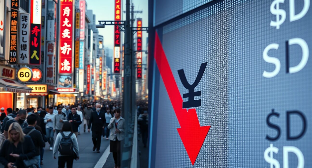 Split image of a busy Tokyo street and a currency exchange board showing yen depreciation