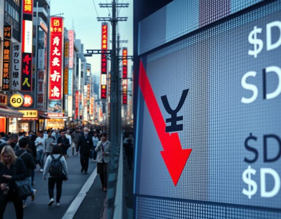 Split image of a busy Tokyo street and a currency exchange board showing yen depreciation