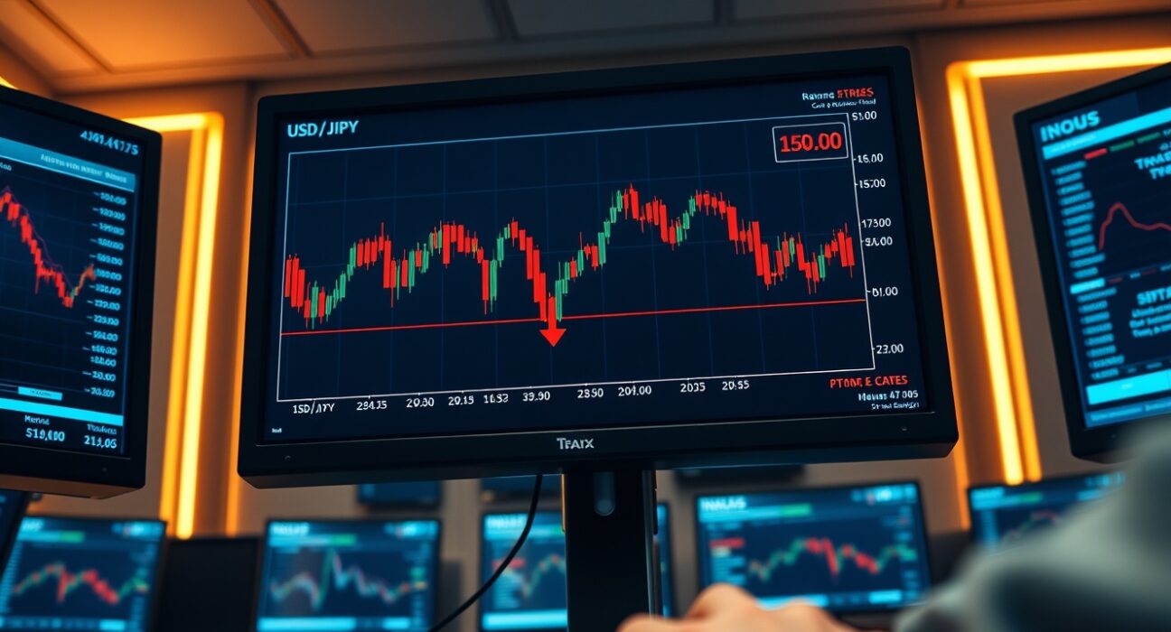 Forex trading desk monitor showing USD/JPY chart near 159.00 level with bearish signals