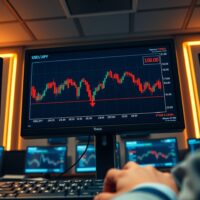 Forex trading desk monitor showing USD/JPY chart near 159.00 level with bearish signals
