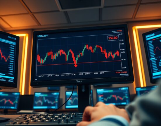 Forex trading desk monitor showing USD/JPY chart near 159.00 level with bearish signals