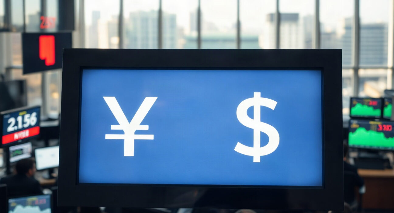 Digital currency exchange board showing yen and dollar symbols in a financial district
