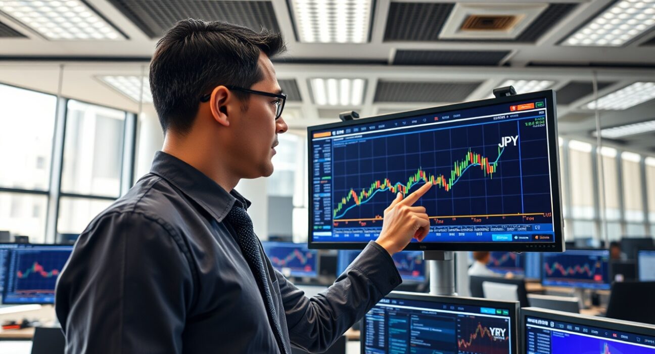 Financial analyst pointing at a trading screen showing Japanese Yen forex data and charts
