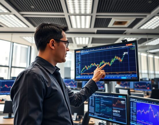 Financial analyst pointing at a trading screen showing Japanese Yen forex data and charts