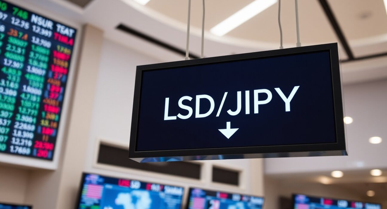 Digital trading screen showing USD/JPY exchange rate with bearish trend indicator