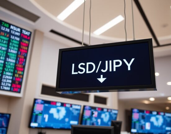 Digital trading screen showing USD/JPY exchange rate with bearish trend indicator