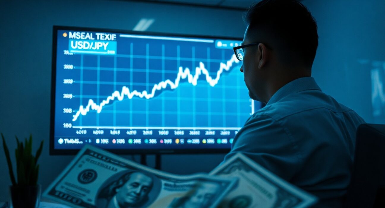Financial analyst examining a USD/JPY chart with yen and dollar notes in foreground