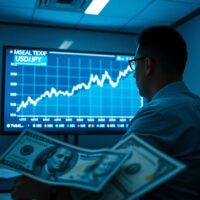 Financial analyst examining a USD/JPY chart with yen and dollar notes in foreground