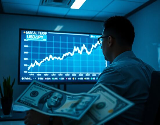 Financial analyst examining a USD/JPY chart with yen and dollar notes in foreground