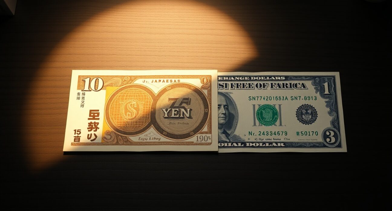 Japanese Yen and US Dollar banknotes on a desk, symbolizing forex market analysis