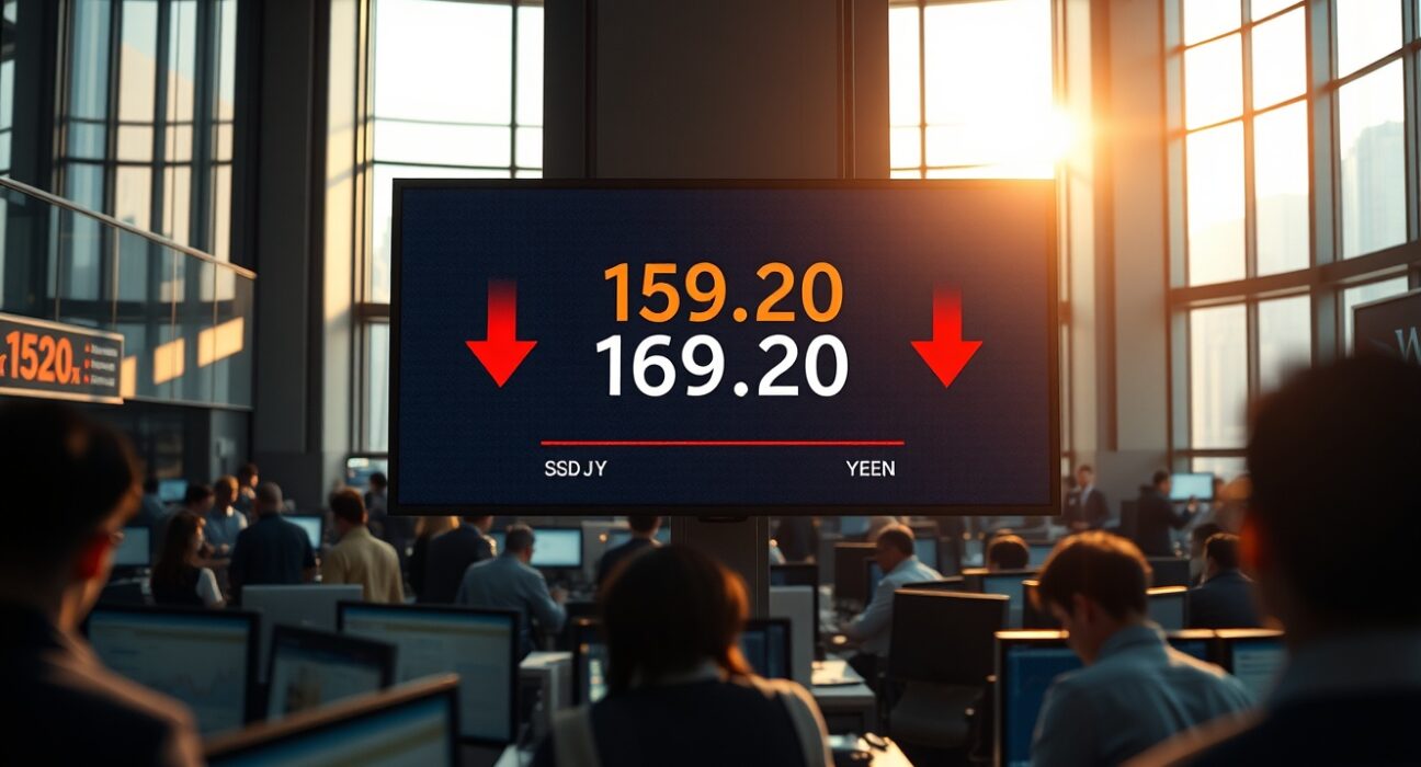 Foreign exchange board showing USD/JPY at 159.20 with red arrows on a Tokyo trading floor