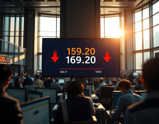 Foreign exchange board showing USD/JPY at 159.20 with red arrows on a Tokyo trading floor