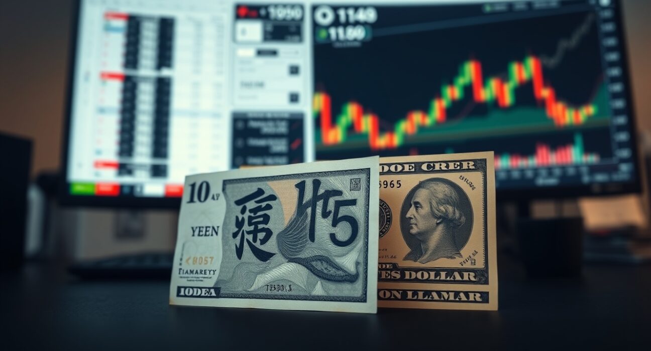 Japanese yen and US dollar banknotes with a financial chart in the background