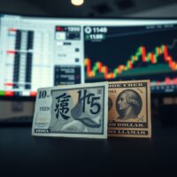 Japanese yen and US dollar banknotes with a financial chart in the background