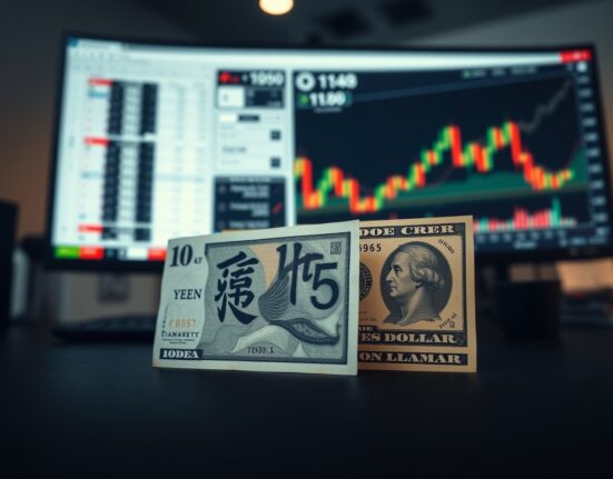 Japanese yen and US dollar banknotes with a financial chart in the background