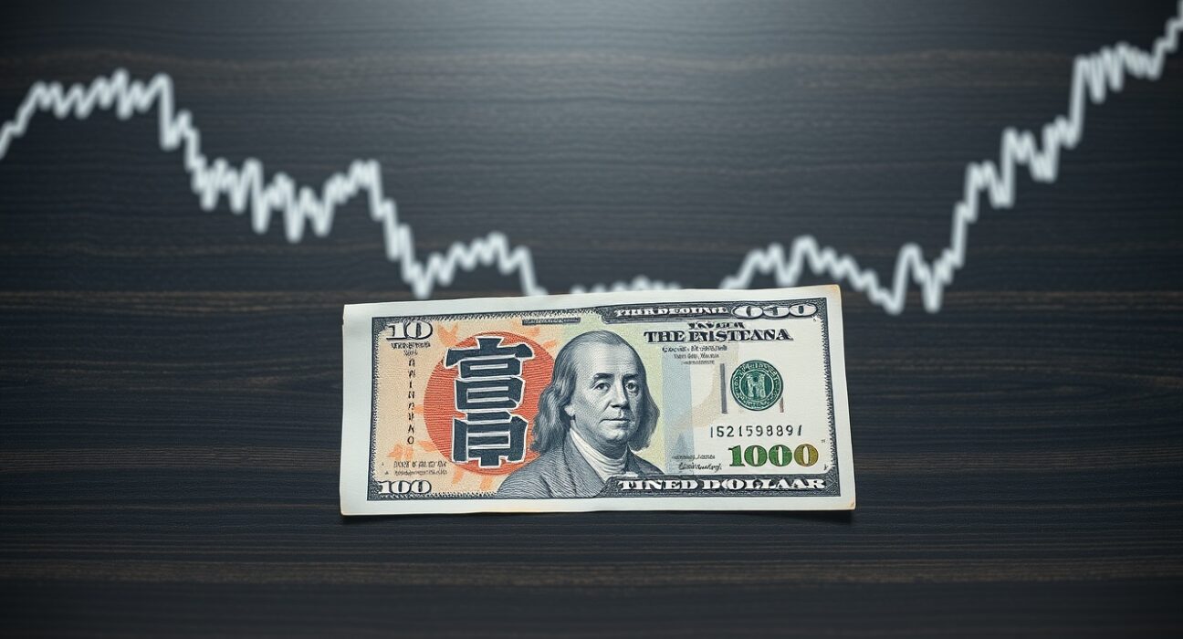 Japanese yen and US dollar banknotes on a wooden surface with a market graph in the background