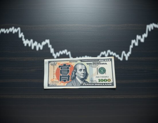 Japanese yen and US dollar banknotes on a wooden surface with a market graph in the background