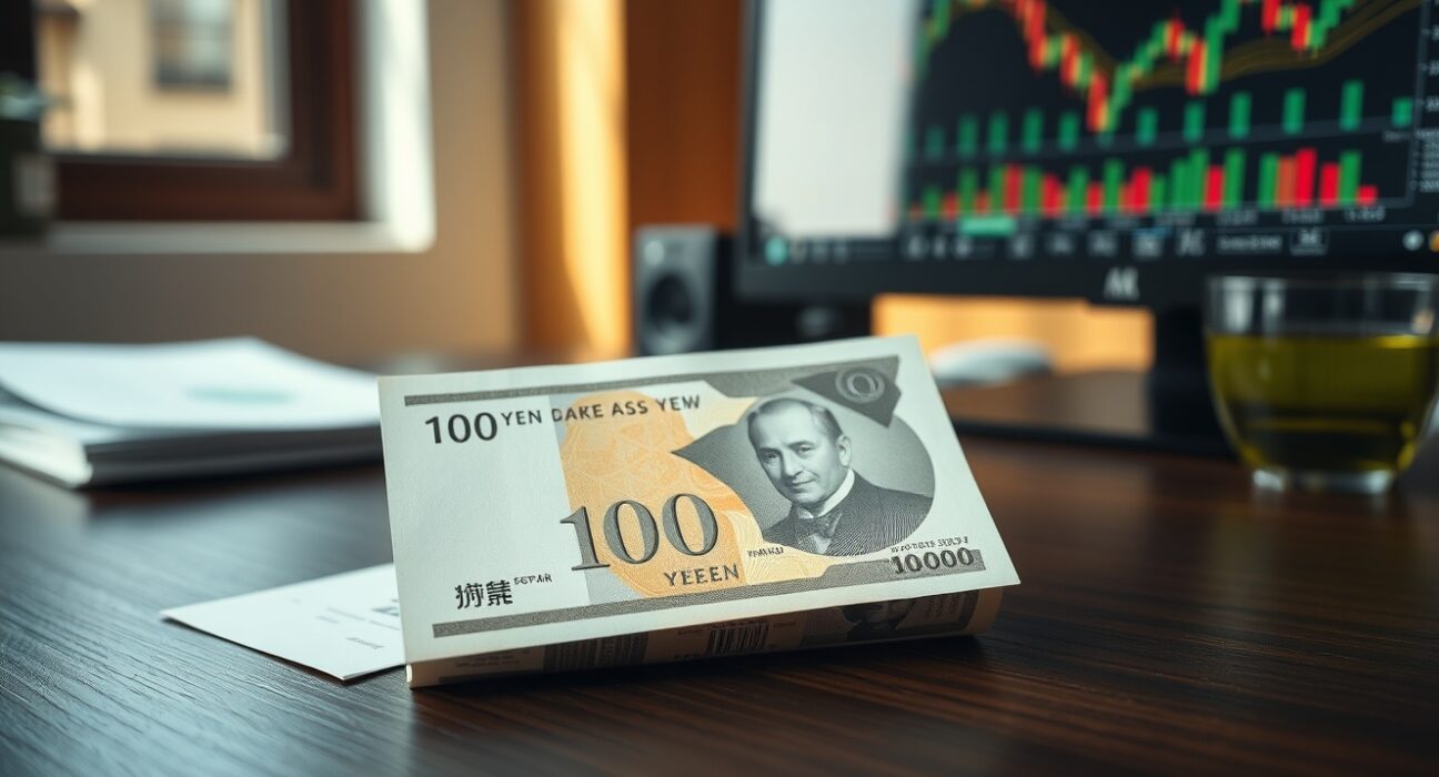 Japanese Yen banknote and financial chart on desk representing currency market analysis