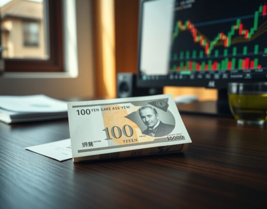 Japanese Yen banknote and financial chart on desk representing currency market analysis
