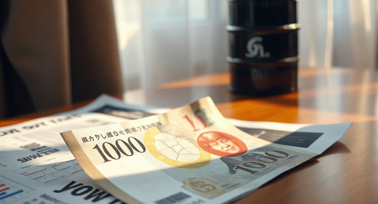 Japanese yen banknote with financial newspaper and oil barrel model on desk