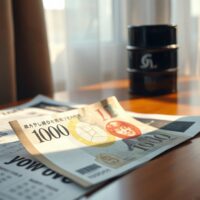 Japanese yen banknote with financial newspaper and oil barrel model on desk