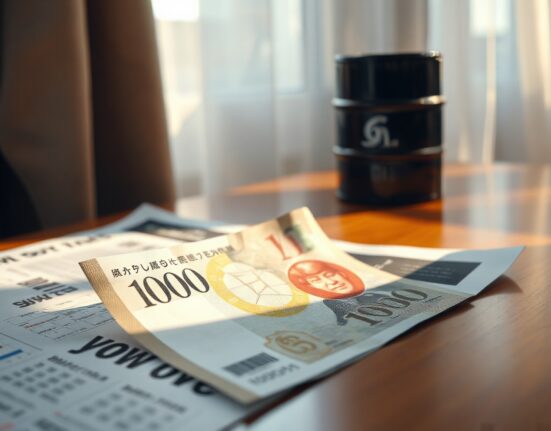 Japanese yen banknote with financial newspaper and oil barrel model on desk