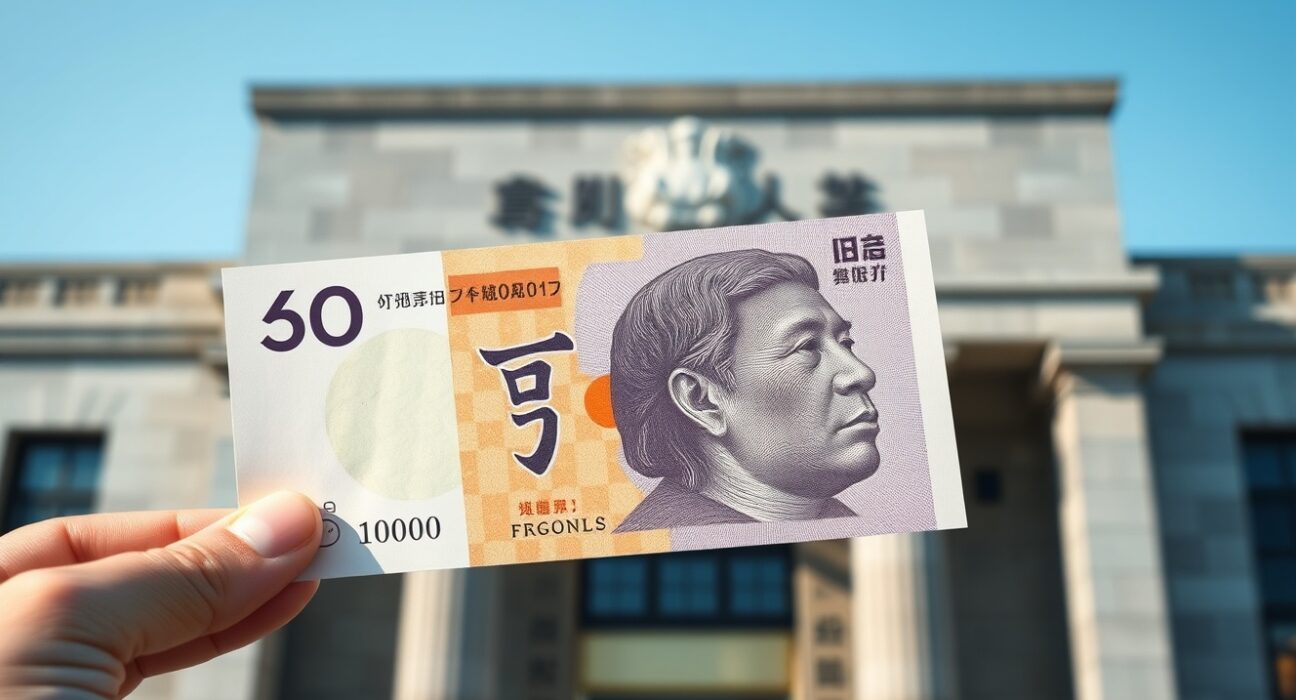 Japanese Yen banknote with Bank of Japan headquarters, representing BoJ monetary policy and JPY stability.