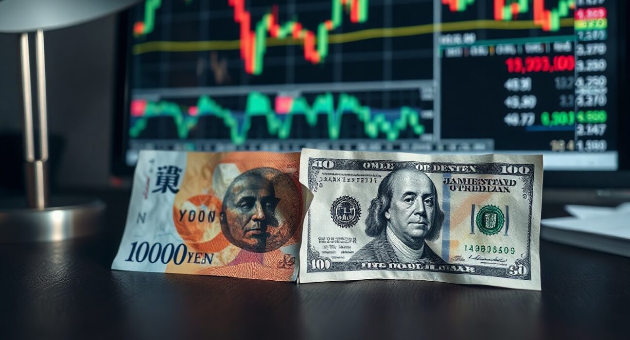 Japanese yen and US dollar banknotes on a desk with financial charts in background