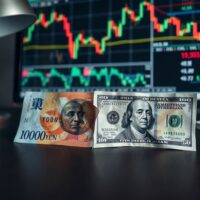 Japanese yen and US dollar banknotes on a desk with financial charts in background