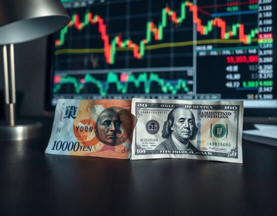 Japanese yen and US dollar banknotes on a desk with financial charts in background