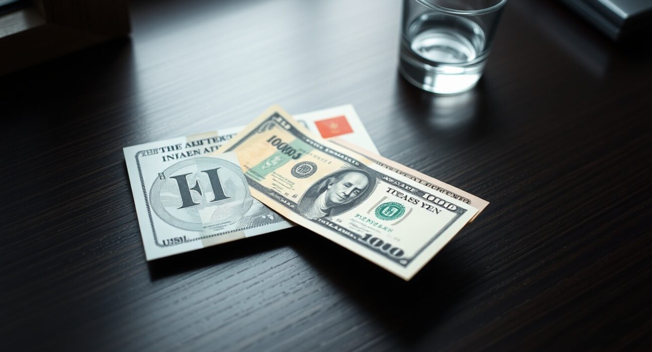 Japanese yen and US dollar banknotes on a desk representing currency market analysis.
